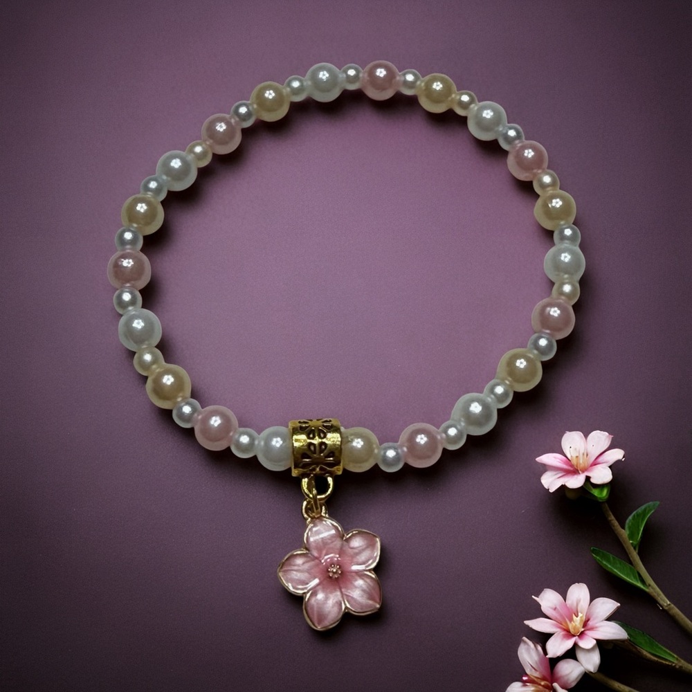 Hand Crafted Pink, Pearl & Gold Flower Charm Bracelet